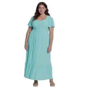 Size 14/16 1X AQUA SWEETHEART-NECK KNIT EYELET MIDI DRESS Summer PLUS SIZE